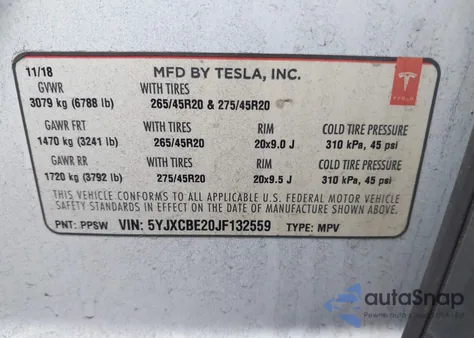 2018 Tesla Model X 100D/75D/P100D из США, поврежденный, VIN 5YJXCBE20JF132559